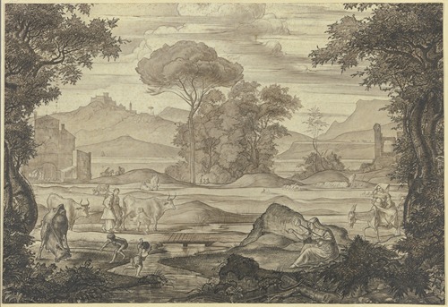 Stilisierte italienische Landschaft mit Figuren und Vieh, im Vordergrund eine Frau mit Spinnrocken