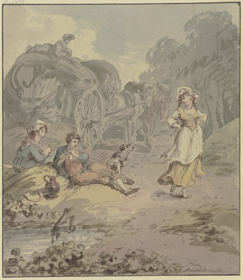 Schnitter und Schnitterin bei einem Erntewagen rastend, vor ihnen ein junges Mädchen, das zum Flötenspiel des Schnitters tanzt