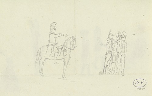 Ein Soldat zu Pferde und drei stehende Soldaten in verschiedenen Uniformen