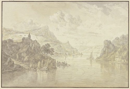 Blick in ein Flusstal mit felsigen Ufern, links auf einem Felsen eine Kirche
