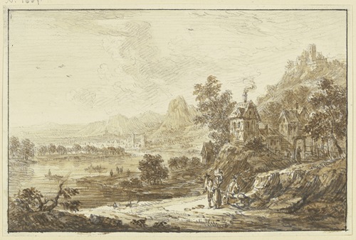 Flussgegend, rechts ansteigendes Gebirge, im Vordergrund bei einem Dorf drei Figuren