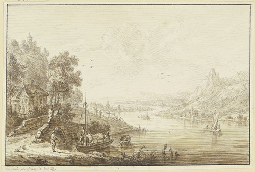 Flusslandschaft, rechts ansteigendes Gebirge, links ein Haus mit einer Brücke, bei der ein Boot landet