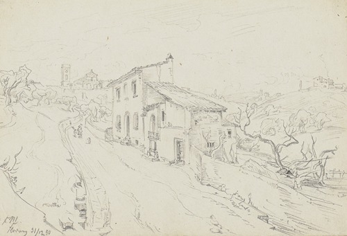 An einem Haus vorbeiführende Landstraße, im Hintergrund San Miniato al Monte in Florenz