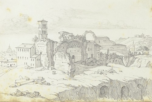Blick auf den Tempel der Venus und der Roma sowie über den Campo Vaccino des Forum Romanum in Rom