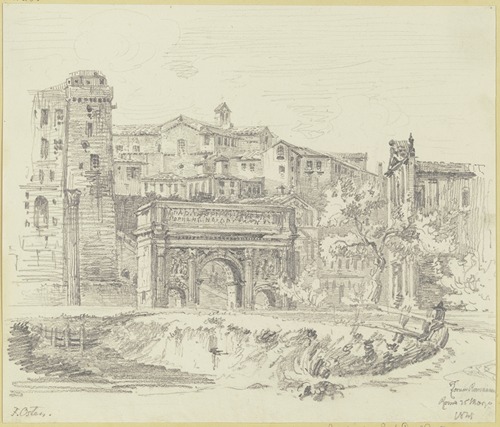 Der Triumphbogen des Septimius Severus und die Curia Iulia auf dem Forum Romanum in Rom