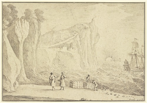 Meeresstrand an hohen Felsenufern, auf welchem ein Leuchtturm und ein Schloß stehen, vorne fünf Personen und zwei Warenballen