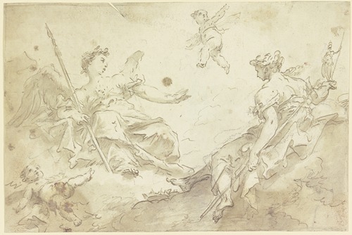 Zwei allegorische Frauenfiguren mit Putten auf Wolken (Virtù und Nobilità)