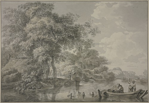 Baumpartie mit Fischerhütten an einem Fluss, rechts im Vordergrund ein Kahn mit zwei Männern, die Reußen legen, dabei vier schwimmende Enten