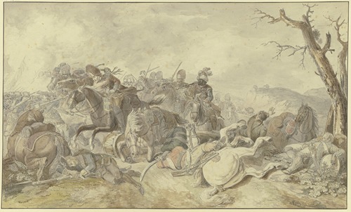 Kavallerieangriff gegen Infanterie, rechts ein sterbender Tambour