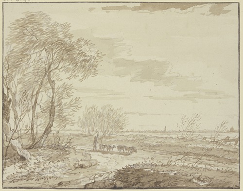 Landschaft mit Fernsicht, links Bäume, auf dem Weg eine Schafherde