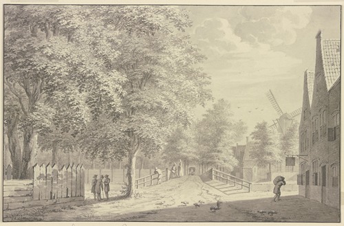 Landstraße bei einer Stadt, rechts ein Wirtshaus, in welches ein Mann einen Sack trägt