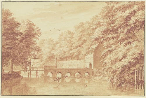 Über ein Wasser führt eine Steinbrücke von fünf Bögen nach einem Parktor, auf dem Wasser zwei Schwäne