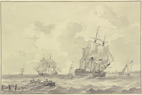 Schiffe bei bewegter See, eines löst eine Kanone, vorne zwei Ruderboote