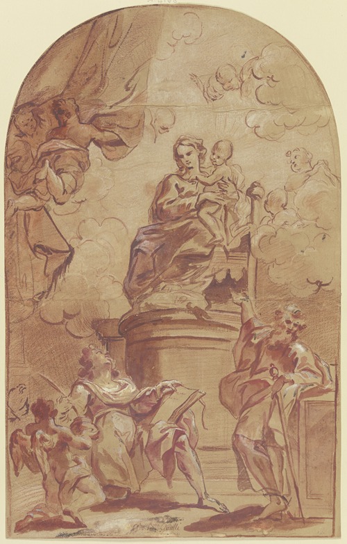 Maria auf dem Throne, dabei der Heilige Paulus und der Heilige Matthäus mit dem Engel