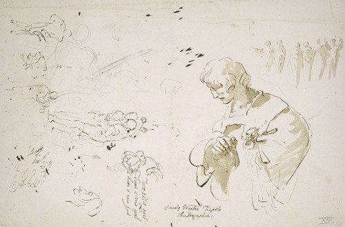 Study sheet with a young man in profile, looking left; studies of figures and heads