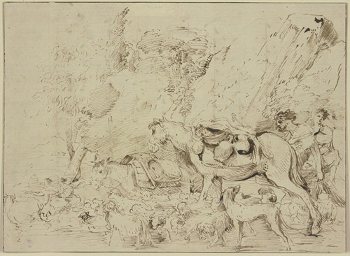 Hirten mit Pferd, Esel und Schafherde in einer Felsenlandschaft