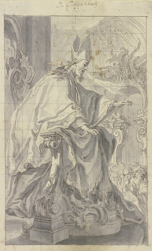 Der Heilige Basilius predigt von einer links vorne stehenden Kanzel zu einer Volksmenge