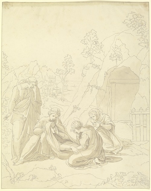 Am Ostermorgen; Die heiligen Frauen, Maria und Johannes am offenen Grabe Christi