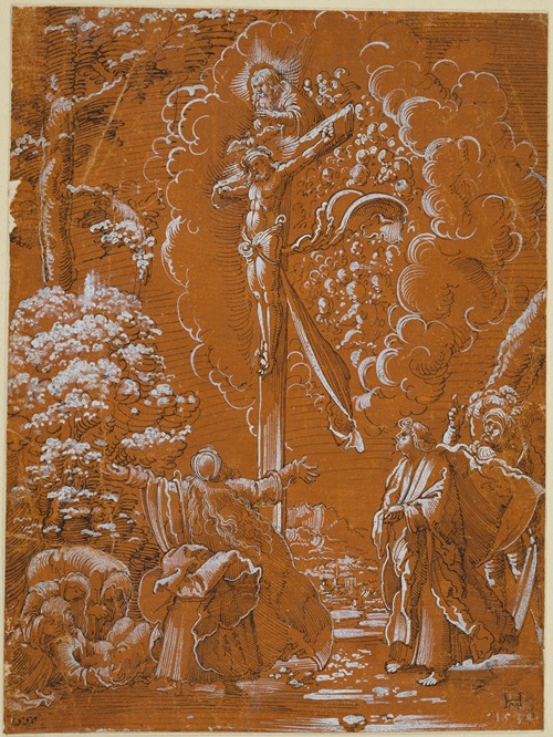 Der gekreuzigte Christus, Gottvater und der Heilige Geist in einer Landschaft mit Assistenzfiguren