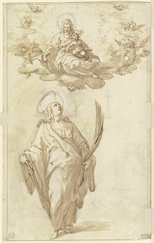 Die Heilige Katharina mit der Palme und dem Schwert, oben in den Wolken Maria mit dem Jesuskind und Engeln