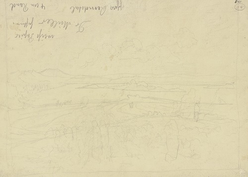 Landschaft, im Vordergrund Figuren, im Hintergrund ein See mit Insel