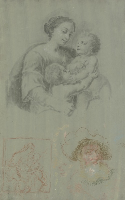 Studienblatt mit einer Madonna mit dem Kind und dem Johannesknaben, dazu ein bärtiger Mann mit Mütze