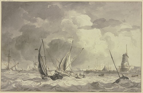 Bewegte See mit vielen Schiffen, rechts der Hafen mit einer Windmühle und einer großen Kanone