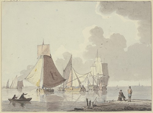 Ruhige See mit vielen Schiffen, links ein Boot mit zwei Mann, rechts am Ufer sitzt ein Matrose auf einem Korb, ein anderer steht vor ihm