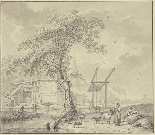 Zugbrücke über einen Kanal, Schafhirte im Vordergrund, der Hirte liebkost ein Mädchen