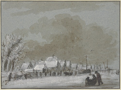 Winterlandschaft, links ein Dorf, eingefrorene Schiffe, rechts auf dem Eis zieht ein Mann ein Schlitten