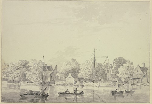 Dorf am Ufer eines Flusses, Schiffe liegen am Ufer und vier Boote fahren auf dem Fluss