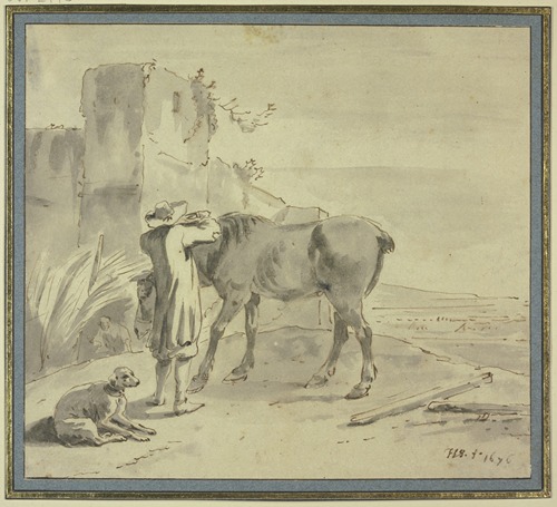 Bei einem alten Turm steht ein Bauer an seinem Pferde beschäftigt, dabei ein Hund