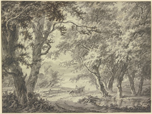 Weg in den Wald, am Weg ein Gatterzaun und ein Bauernwagen mit zwei Pferden