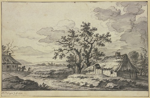Landschaft mit Bach und zwei Hütten im Vordergrund