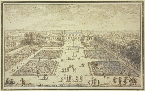 Ansicht eines Schlosses mit Gartenanlage, Springbrunnen und vielen Figuren