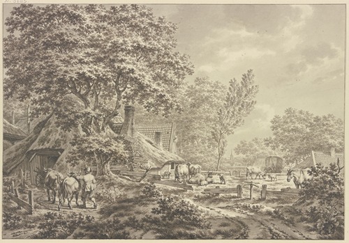 Bauernhof im Wald mit vielem Vieh, in der Ferne ein Heuwagen, rechts ein Pferd