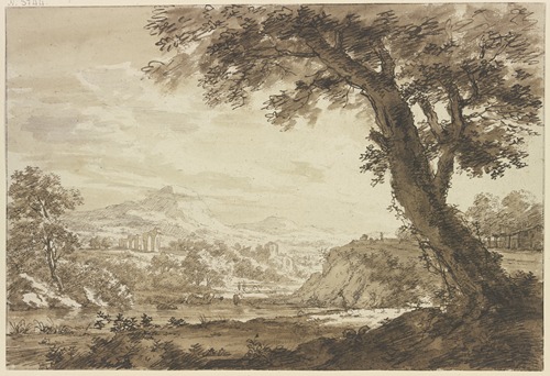 Italienische Landschaft mit Ruinen, rechts bei einem Wasser ein großer Baum