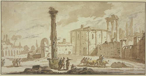 Von Ruinen umstandener Platz mit einer frei stehenden Säule, die Rotunde dem Tempel des Hercules Victor auf dem Forum Boarium in Rom nachempfunden