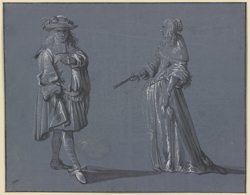 Zwei Figuren in eleganter Tracht, links ein stehender Kavalier in Vorderansicht, rechts eine stehende Dame im Profil nach links mit einem Fächer in der Rechten
