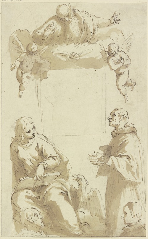 Gottvater mit Taube und Engeln über leerem quadratischem Feld, darunter Johannes der Evangelist und ein anderer anbetender Heiliger sowie die Köpfe von zwei Stiftern
