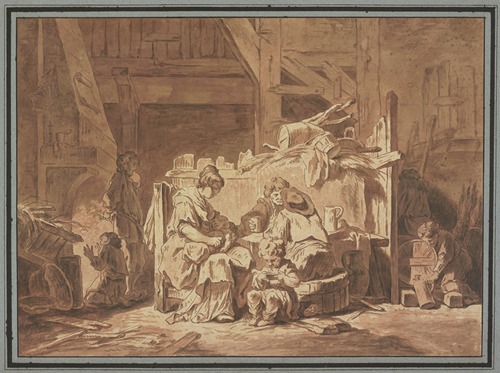 Familienszene im Inneren eines Bauernhauses