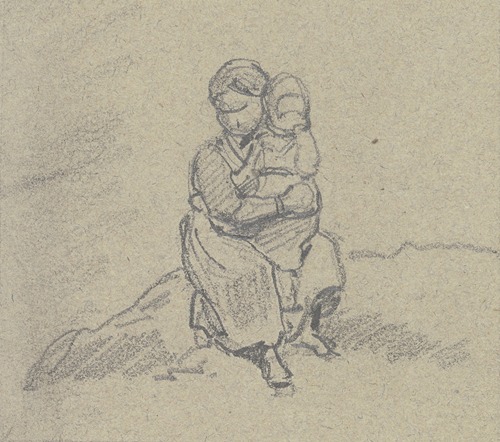 A girl holds a child on her lap and sits on a small slope, the child has brought her hand to her mouth