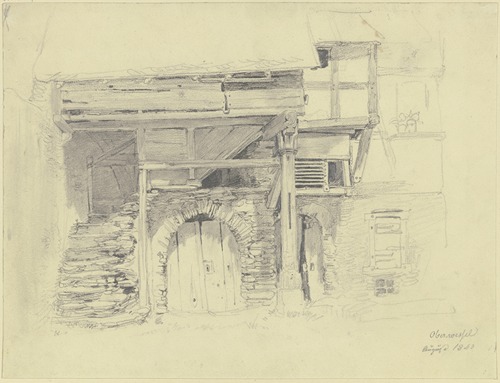 Altes Haus, Kellertor unter einer Treppe, die in einen Holzbau mit einer Säule führt