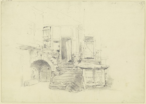 Bauernhaus auf altem Gemäuer, links das Kellertor, rechts der Schweinestall