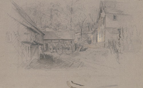 Bauernhof, links an den Ställen bei dem Mist steht ein Leiterwagen, rechts das Wohnhaus mit Zaun, im Hintergrund Bäume