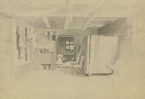 Bauernstube, rechts das Bett mit Vorhang, an der Wand hängt ein Paar Stiefel, links der Ofen, an der Wand hängen verschiedene Kleider