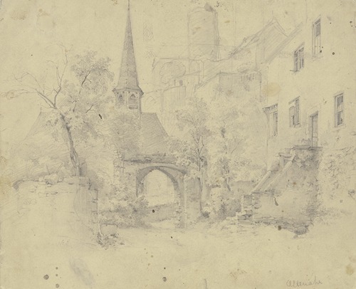 Ein altes Tor, dahinter eine Kirche, rechts ein Haus mit hoher Treppe, darüber ein altes Schloss