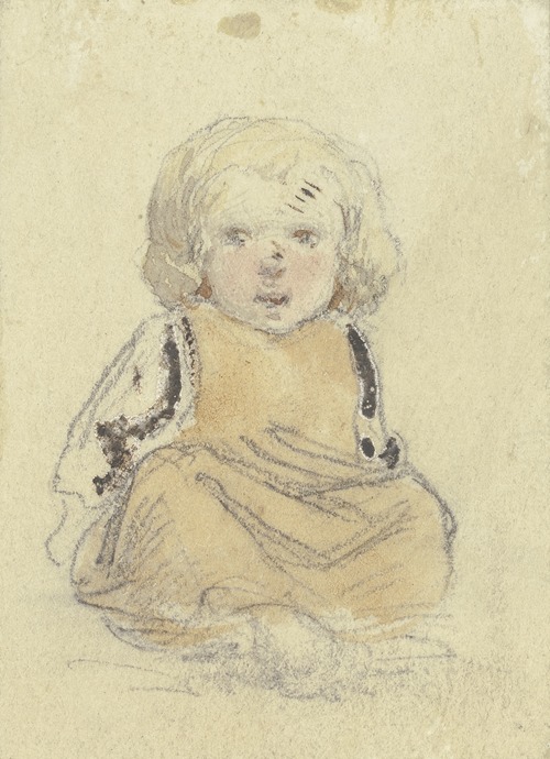Sitzendes kleines blondes Kind in gelbem Kleidchen, von vorn