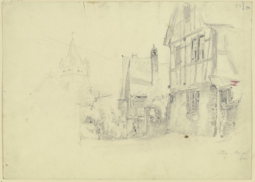 Straße im Dorf, rechts kommt aus dem Hause ein Mädchen heraus, im Hintergrund ein Turm