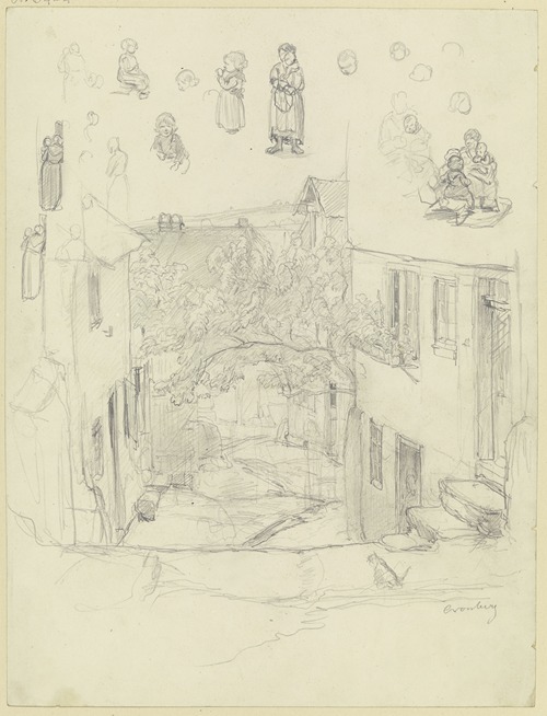 Studienblatt; Ansicht einer Straße in Kronberg, oben verschiedene Figurenstudien.